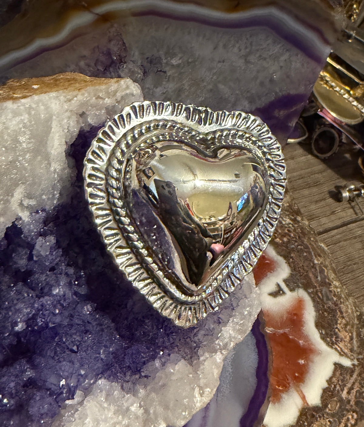 Sterling Silver Modern Taxco Mexico Statement Puffy Heart Ring Adjustable