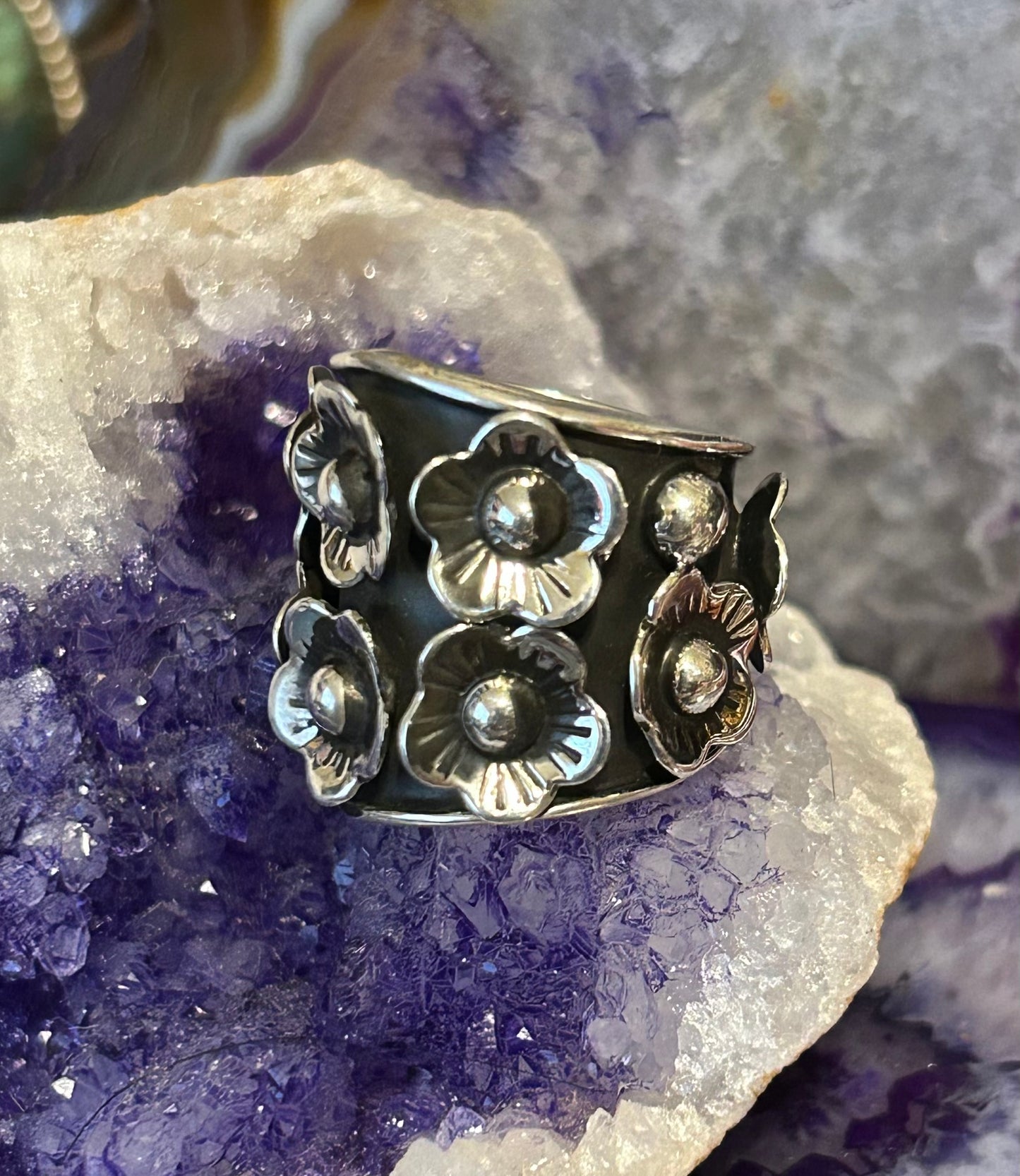 Sterling Silver Modern Taxco Mexico Ring With 3d Flowers Size 7.5-9.25