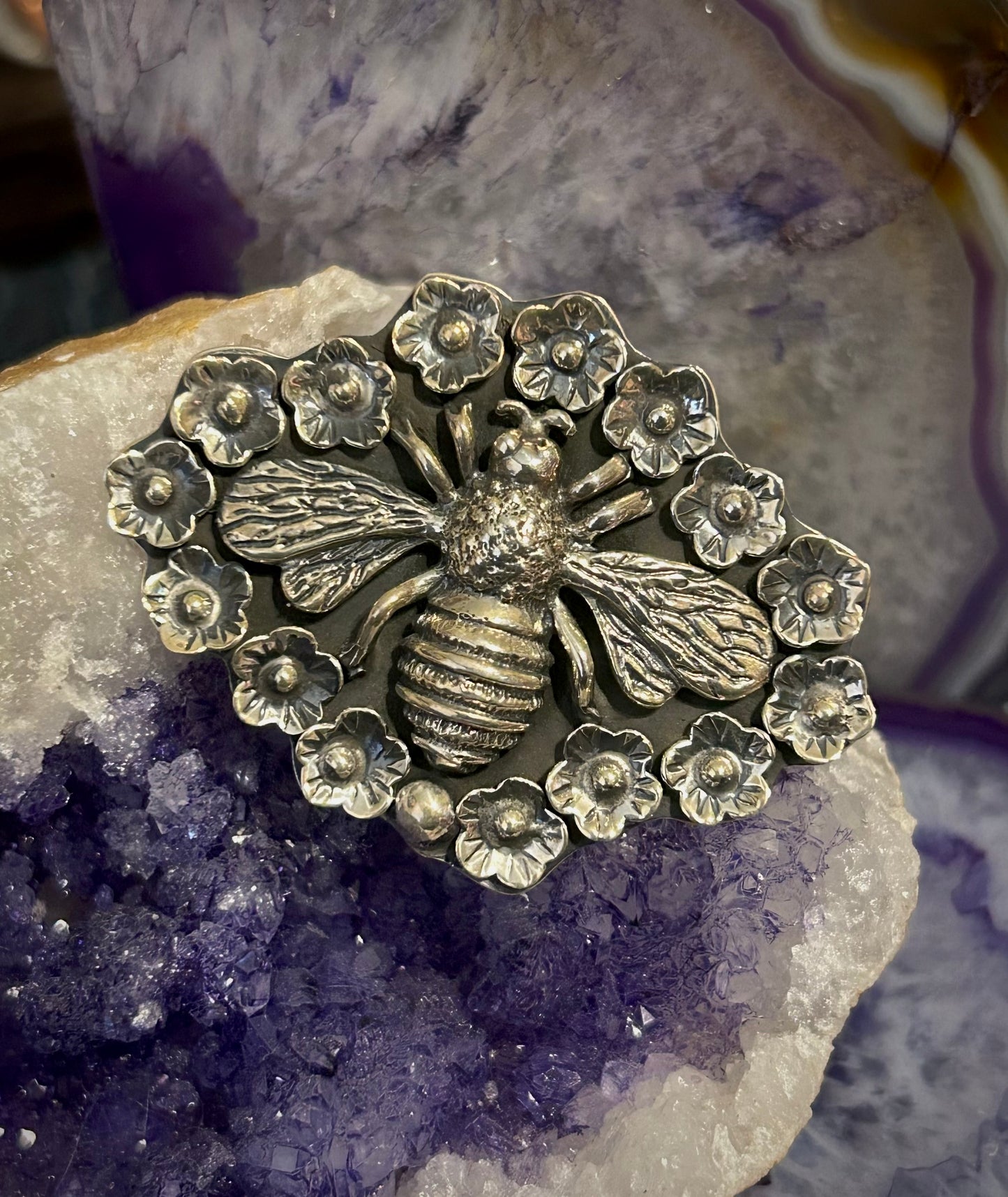 Sterling Silver Modern Taxco Mexico Flowers & Bee Insect Statement Ring • Adj Size 6-8.5