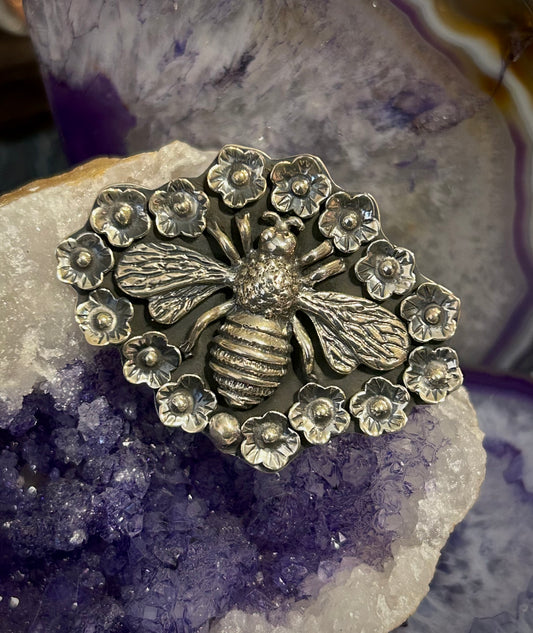 Sterling Silver Modern Taxco Mexico Flowers & Bee Insect Statement Ring • Adj Size 6-8.5