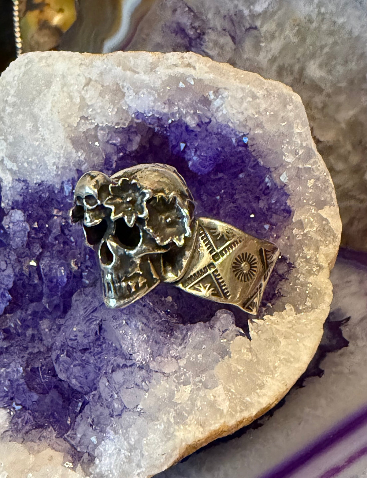 Sterling Silver Modern Taxco Chunky Skull W/ Flower Crown Adjustable Band Ring