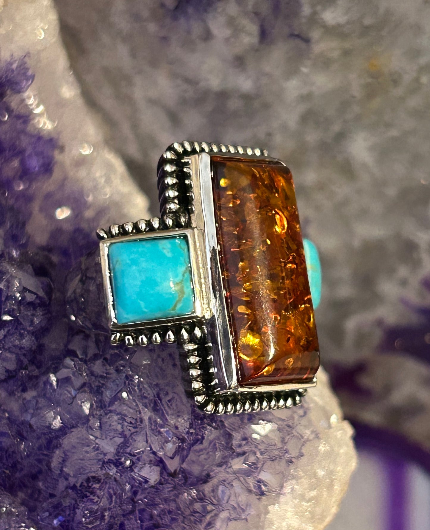 Sterling Silver Chunky Baltic Amber & Kingman Turquoise Ring Size 5