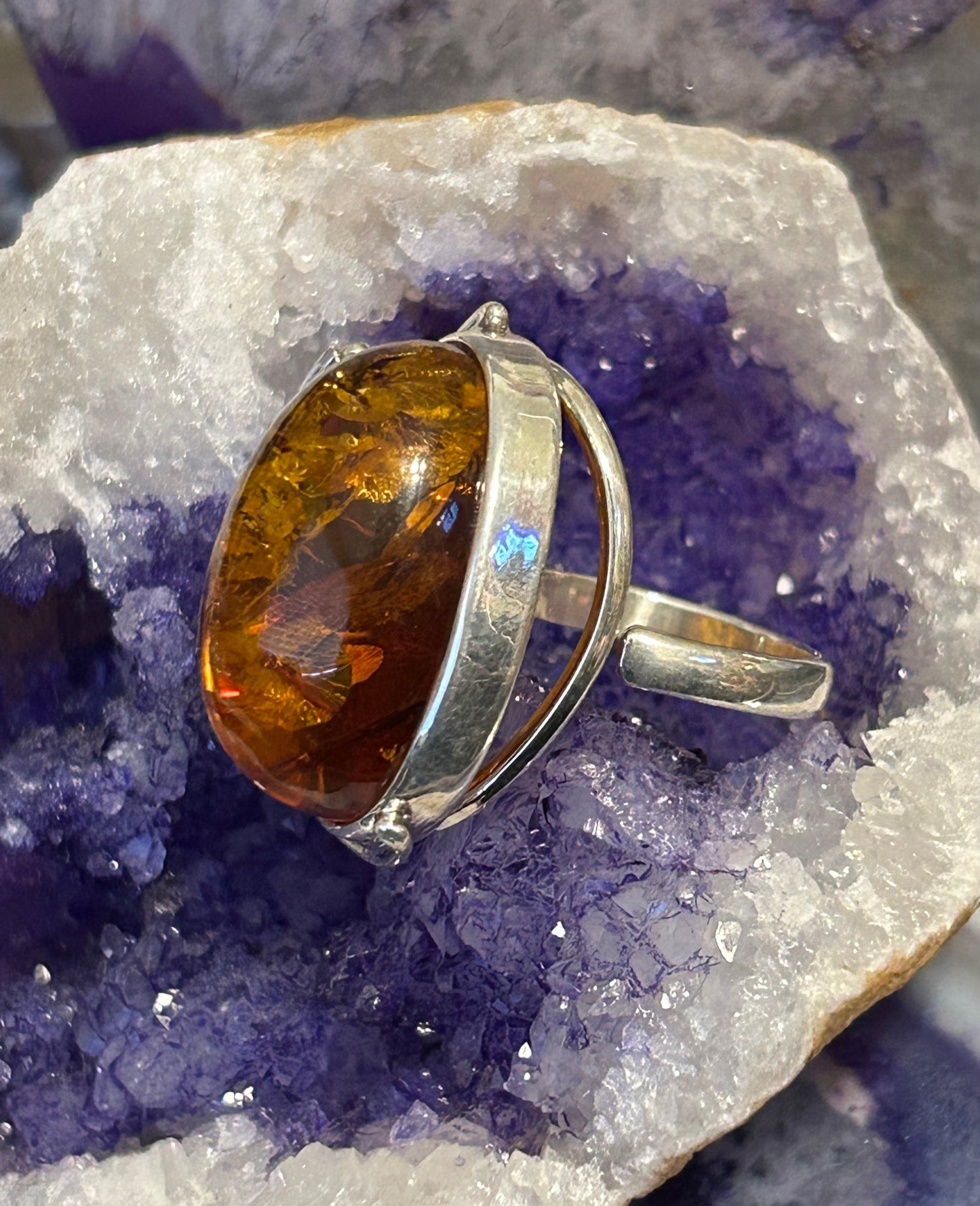 Sterling Silver w/ Large Natural Amber Stone & Turquoise Fly Ring Adjustable