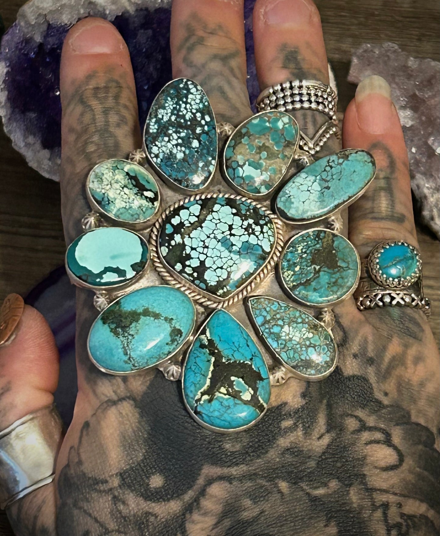 Sterling Silver & Natural Hubei Turquoise Large Multi-Stone Statement Ring Adjustable