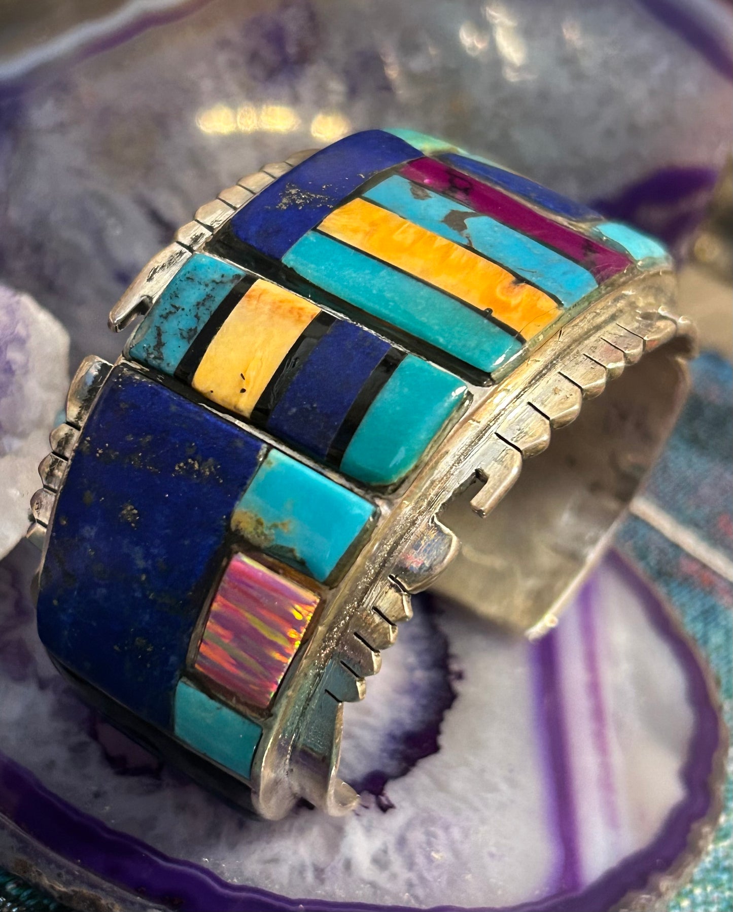 Sterling Silver Huge Multi-stone Inlay Statement Cuff Bracelet