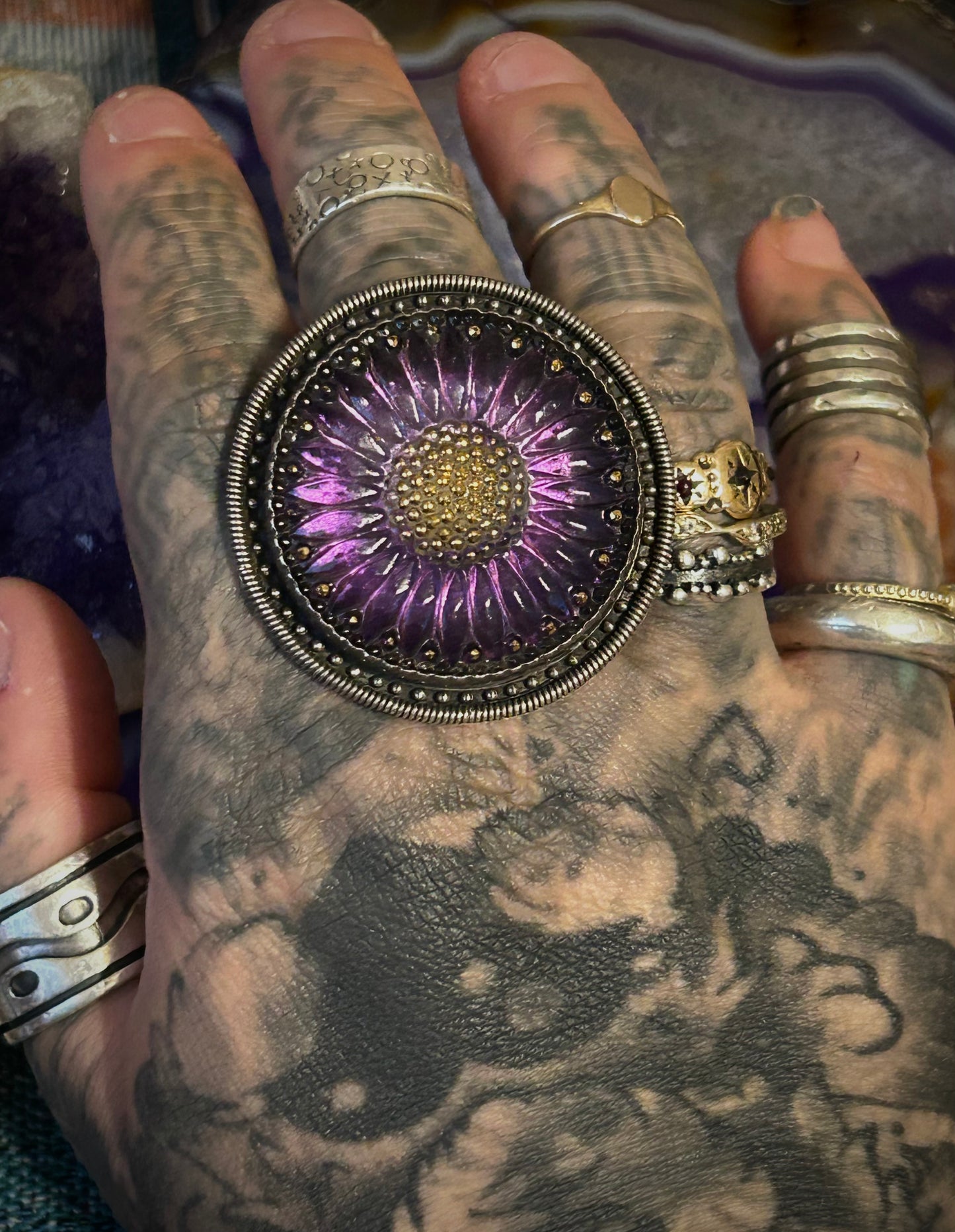 Sterling Silver Mars & Valentine Echo Of Dreamer Purple Sunflower Ring Size 7.75