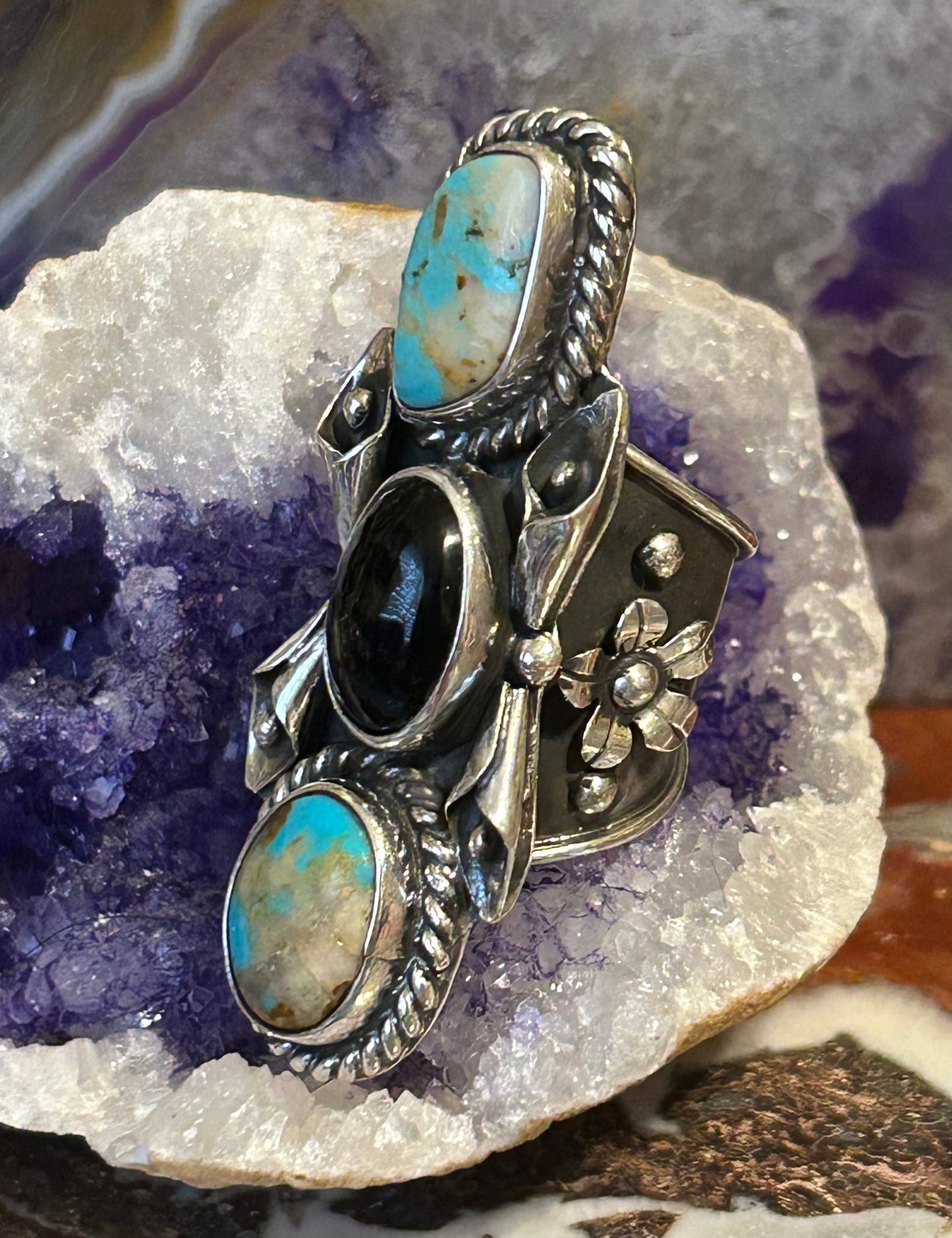 Sterling Silver Taxco Mexico Large Statement Ring w/ Turquoise & Onyx Sz 6.5-8.5