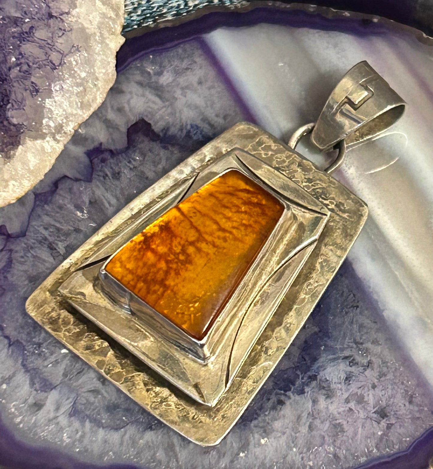 Sterling Silver Native American Baltic Amber Large Pendant Signed OO