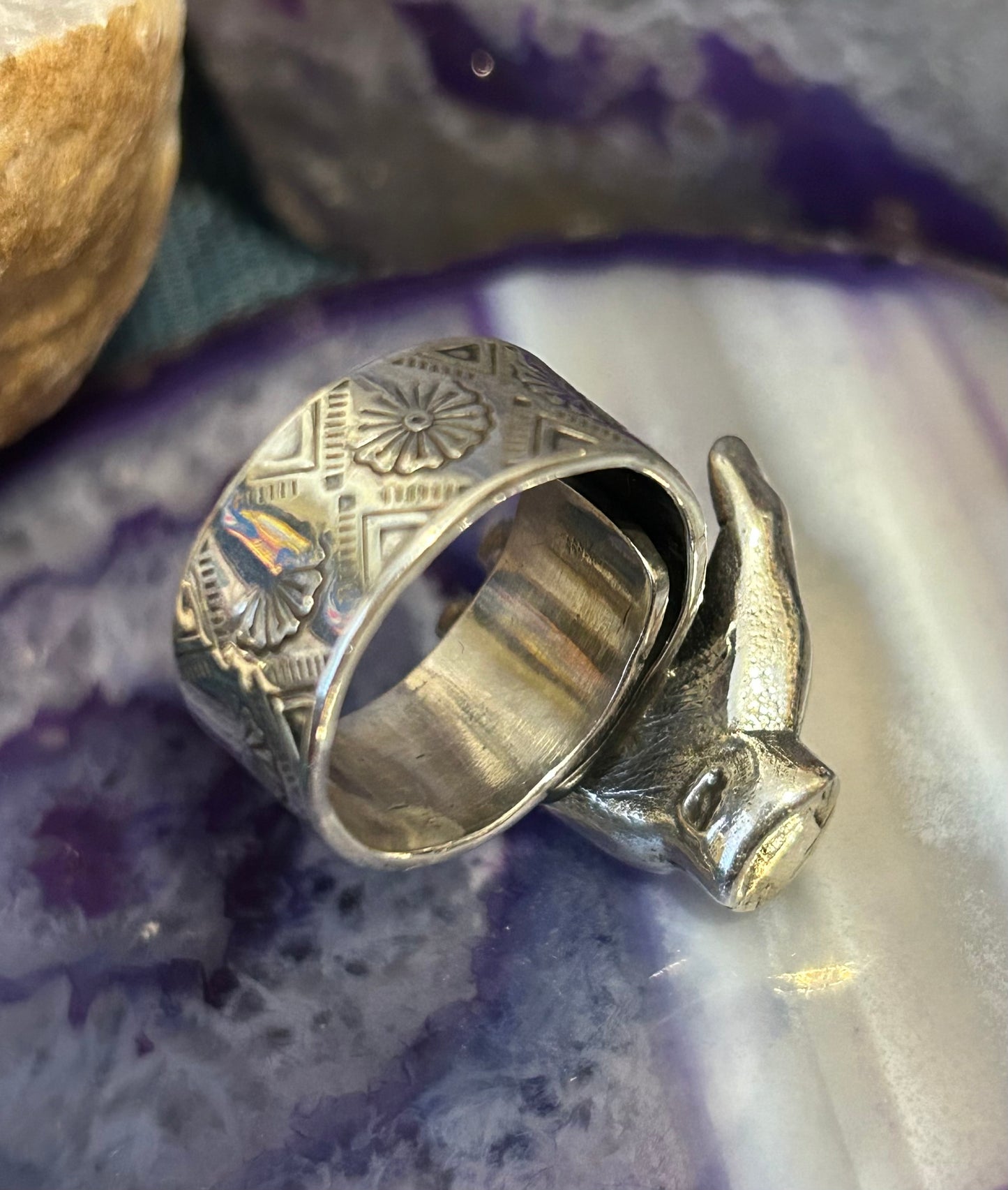 Sterling Silver Taxco Mexico Seeing Eye Protection Hand Oddities Ring Adjustable