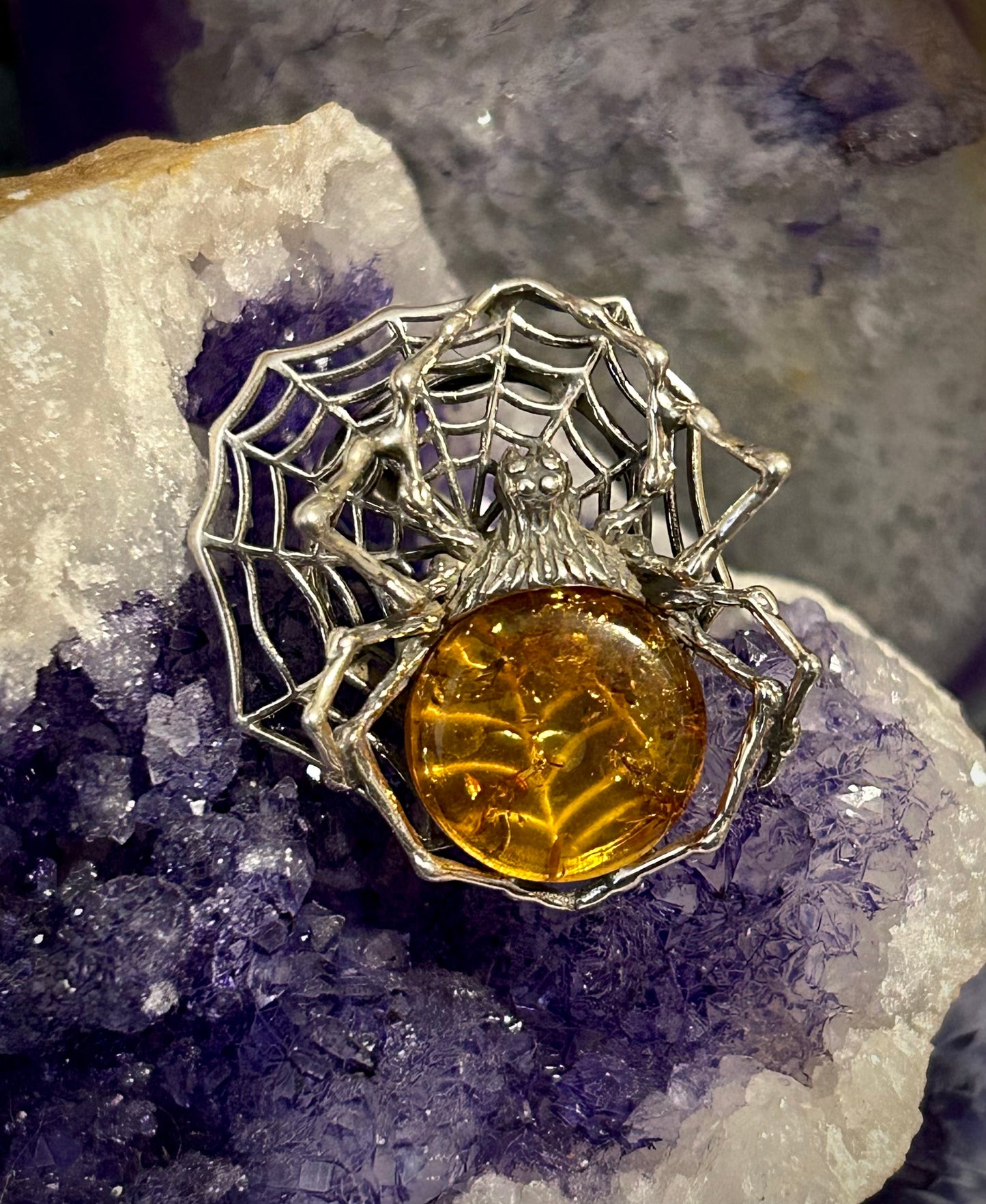 Sterling Silver Spider & Web Ring w/ Large Natural Amber Stone • Adjustable