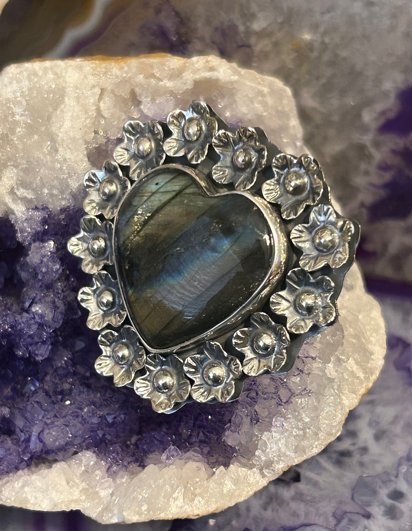 Sterling Silver Taxco Mexico Labradorite Stone Heart Ring w/ Flowers