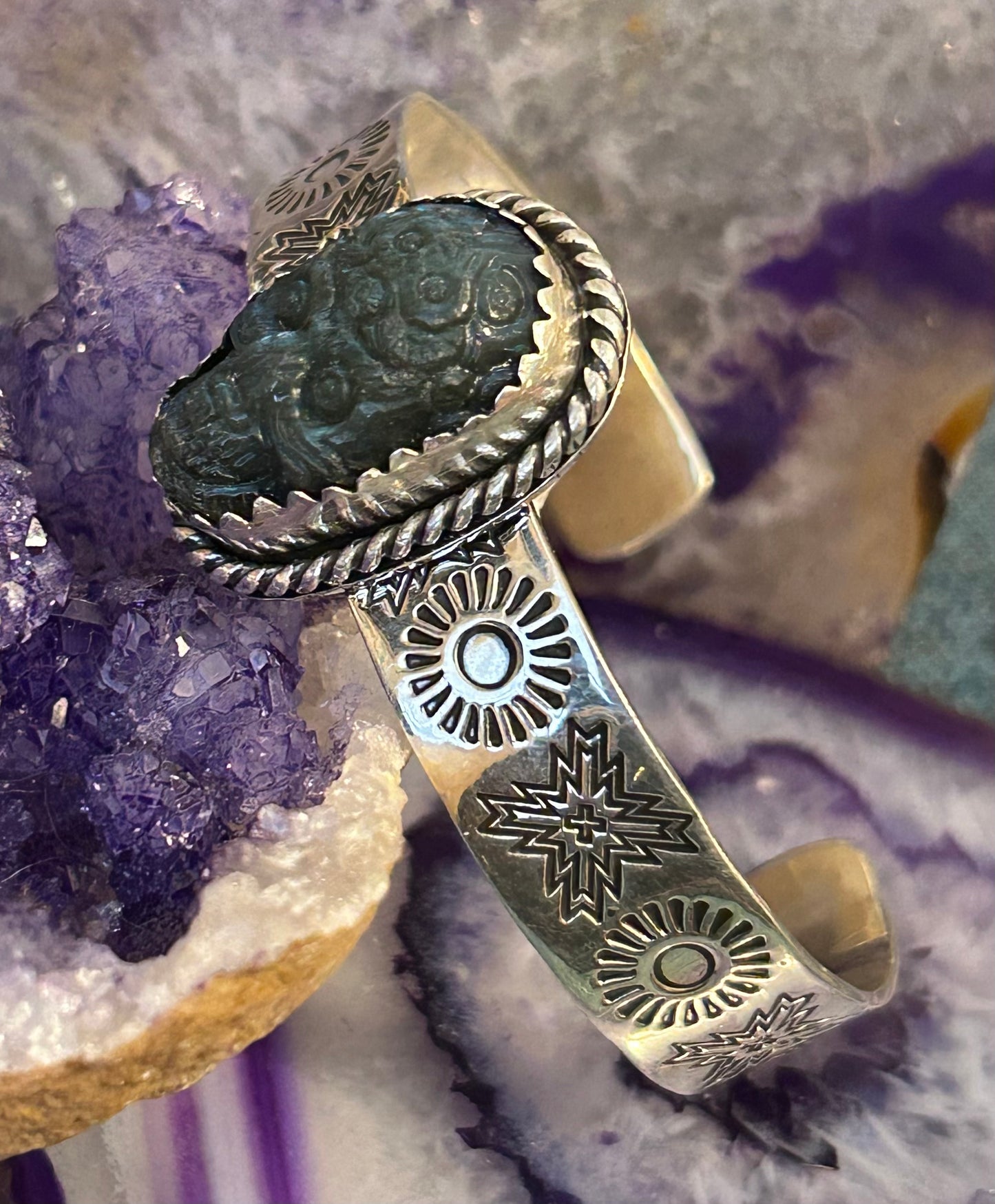 Sterling Silver Taxco Mexico Carved Skull Stone Cuff Handmade Stamped Bracelet