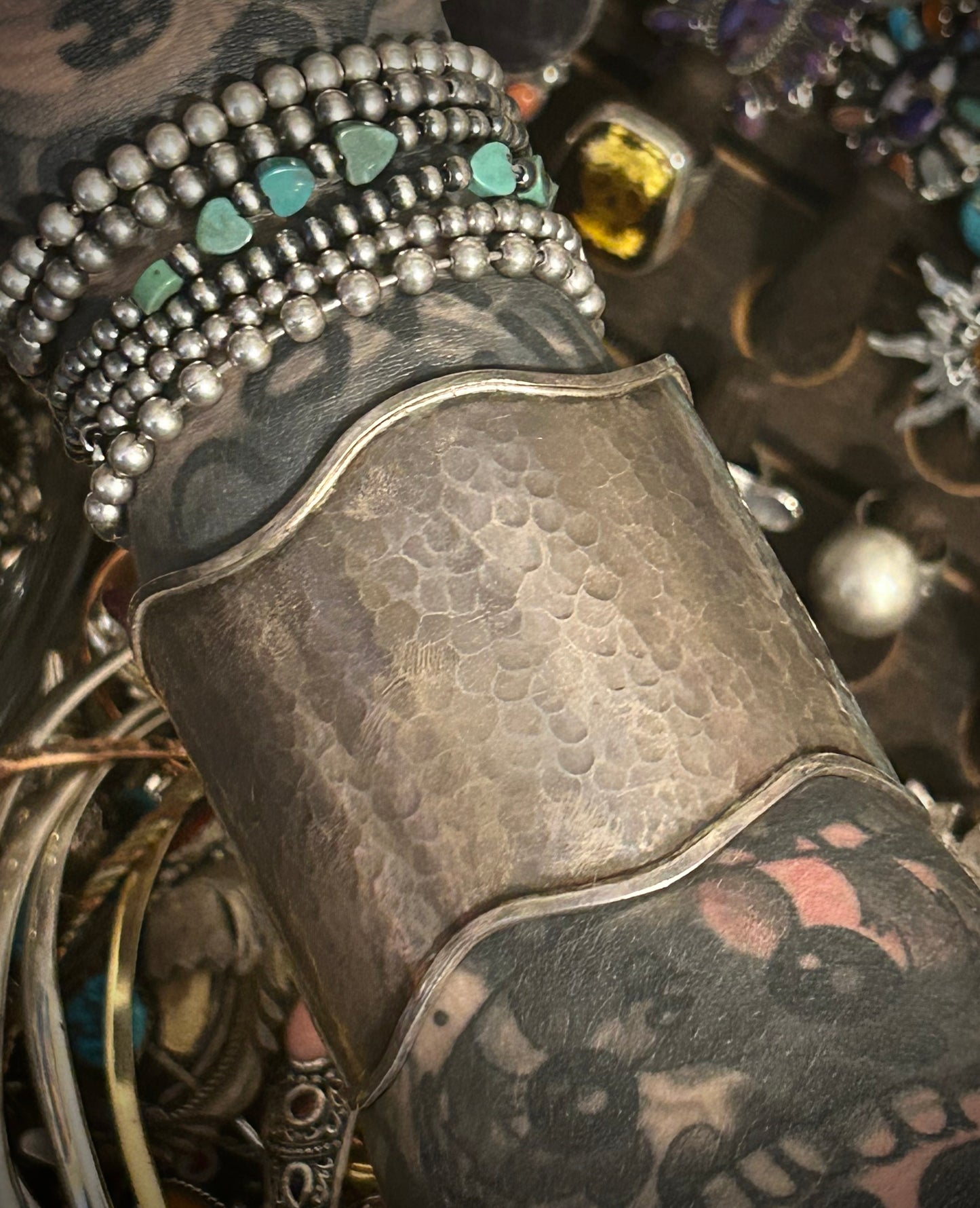 Vintage Sterling Silver Wide Wavey Hammered Cuff Bracelet