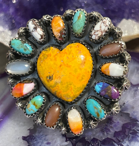 Sterling Silver Bumblebee Jasper Large Heart Multi Stone Ring Adjustable