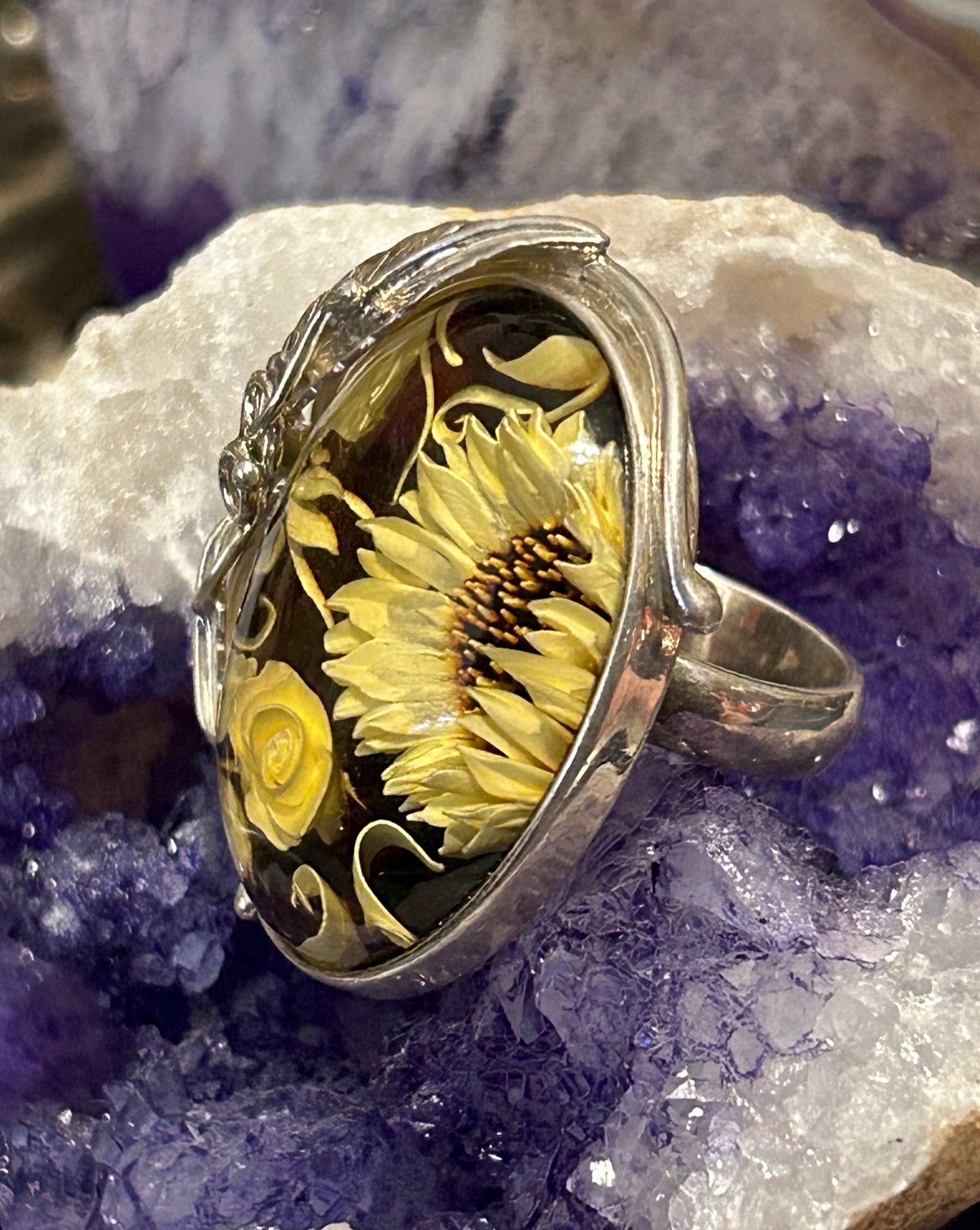 Sterling Silver Carved Floral Baltic Amber Statement Ring