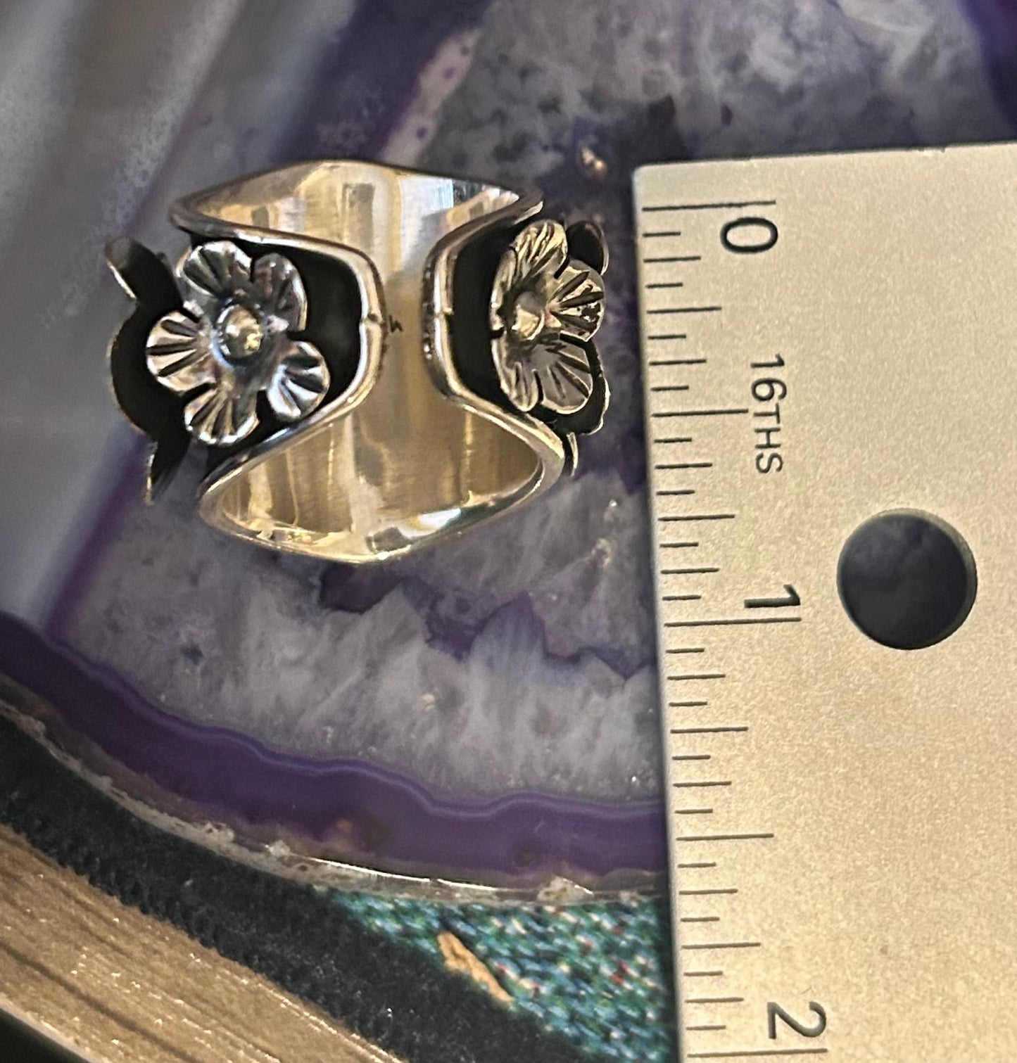 Sterling Silver Taxco Mexico Heart And Flower Wide Band Ring Size 6.75-8