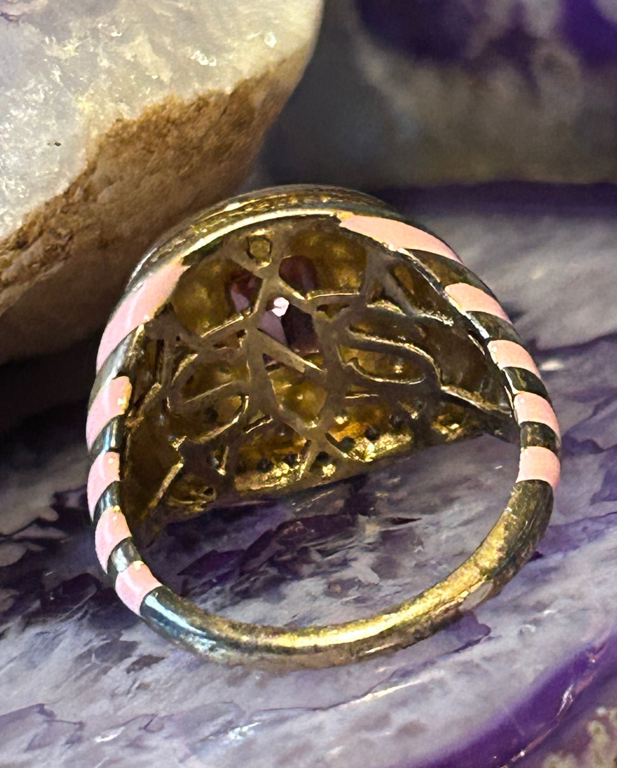 Sterling Silver Rarities by Carol Brodie Pink Enamel & Gemstones Ring • Size 9