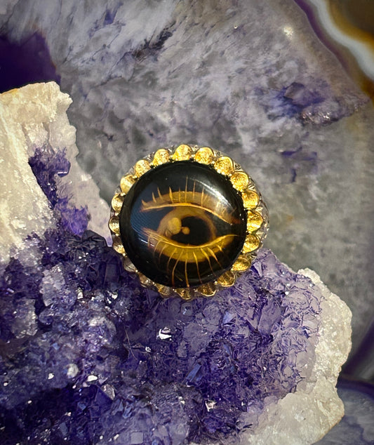 Sterling Silver And Natural Carved Amber Seeing Eye Ring • Size 10