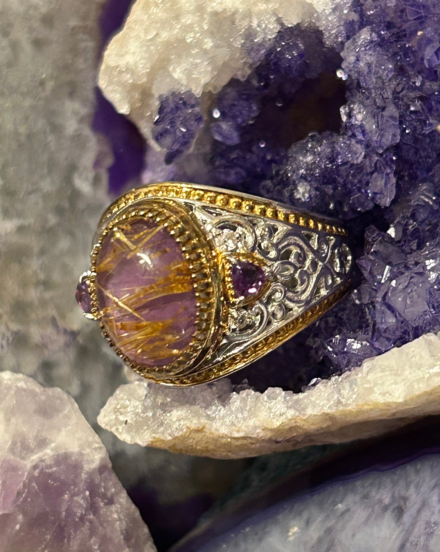 Sterling Silver NH Designer Purple Golden Rutilated Quartz & Amethyst Ring Size 11
