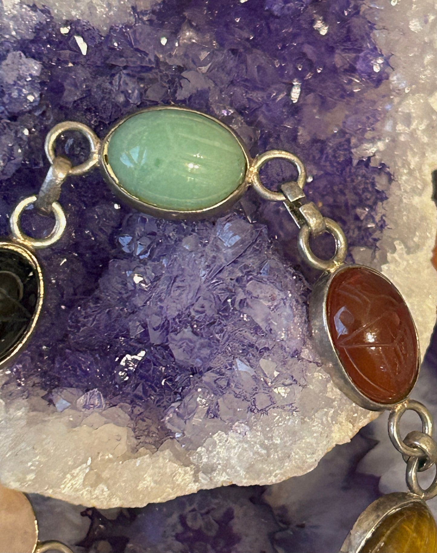 Vintage Sterling Silver Carved Scarab Beetle Stones Link Bracelet