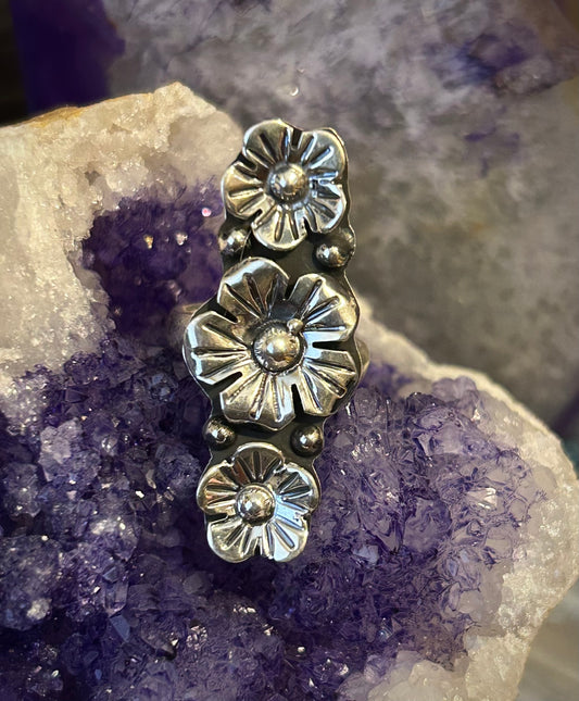 Sterling Silver Taxco Mexico Three Flower Long Ring • Adjustable