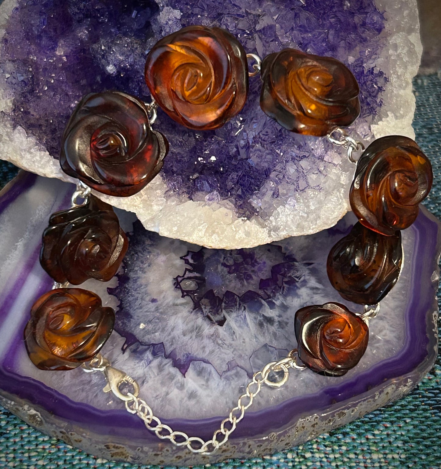 Sterling Silver Baltic Cognac Amber Carved Rose Link Bracelet