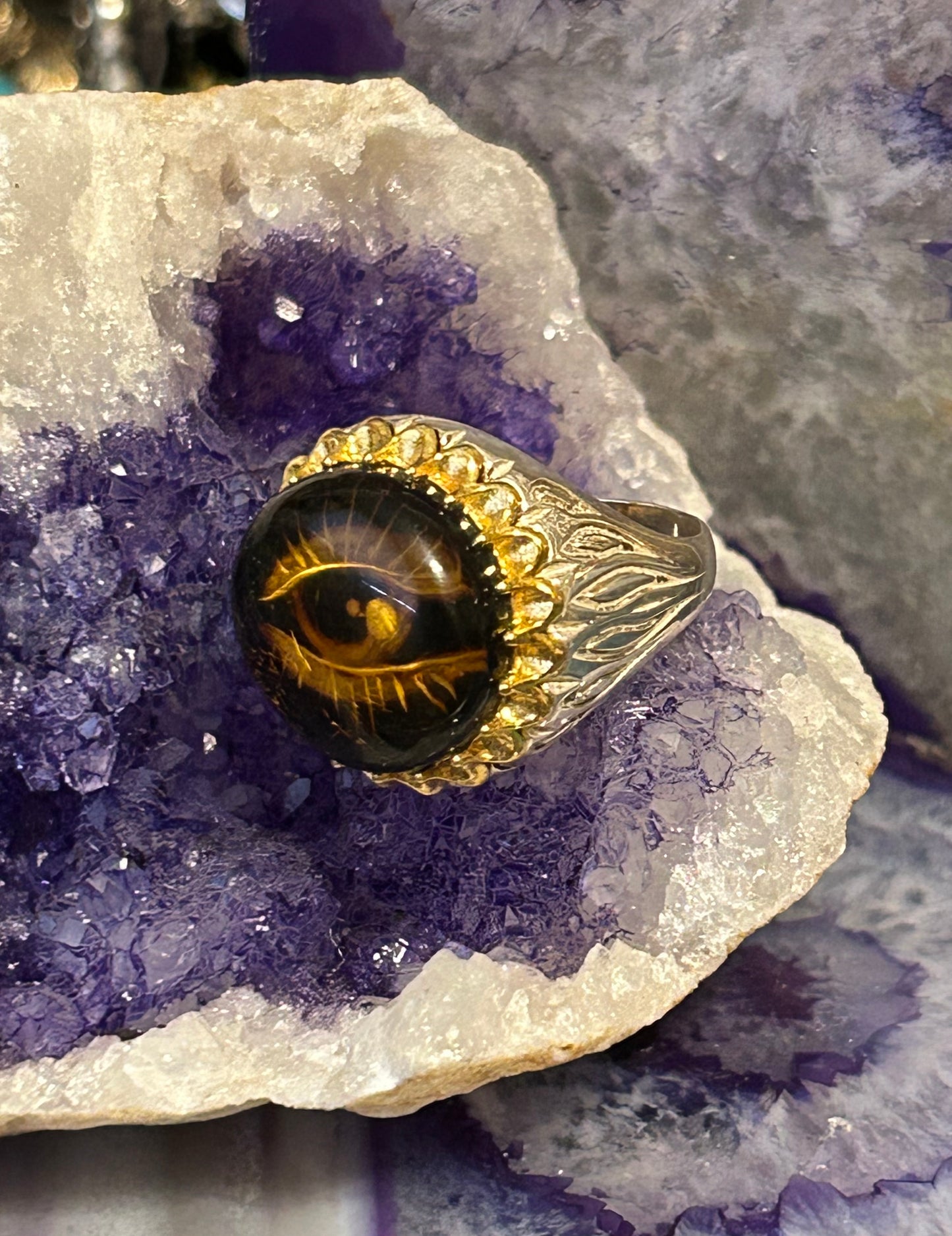 Sterling Silver And Natural Carved Amber Seeing Eye Ring • Size 10