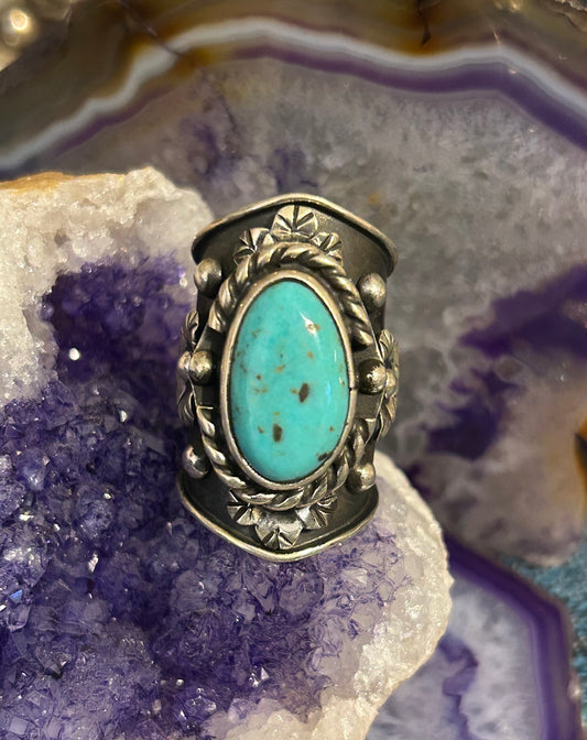 Sterling Silver Taxco Mexico Turquoise & Flowers Wide Band Statement Ring Sz 7.5