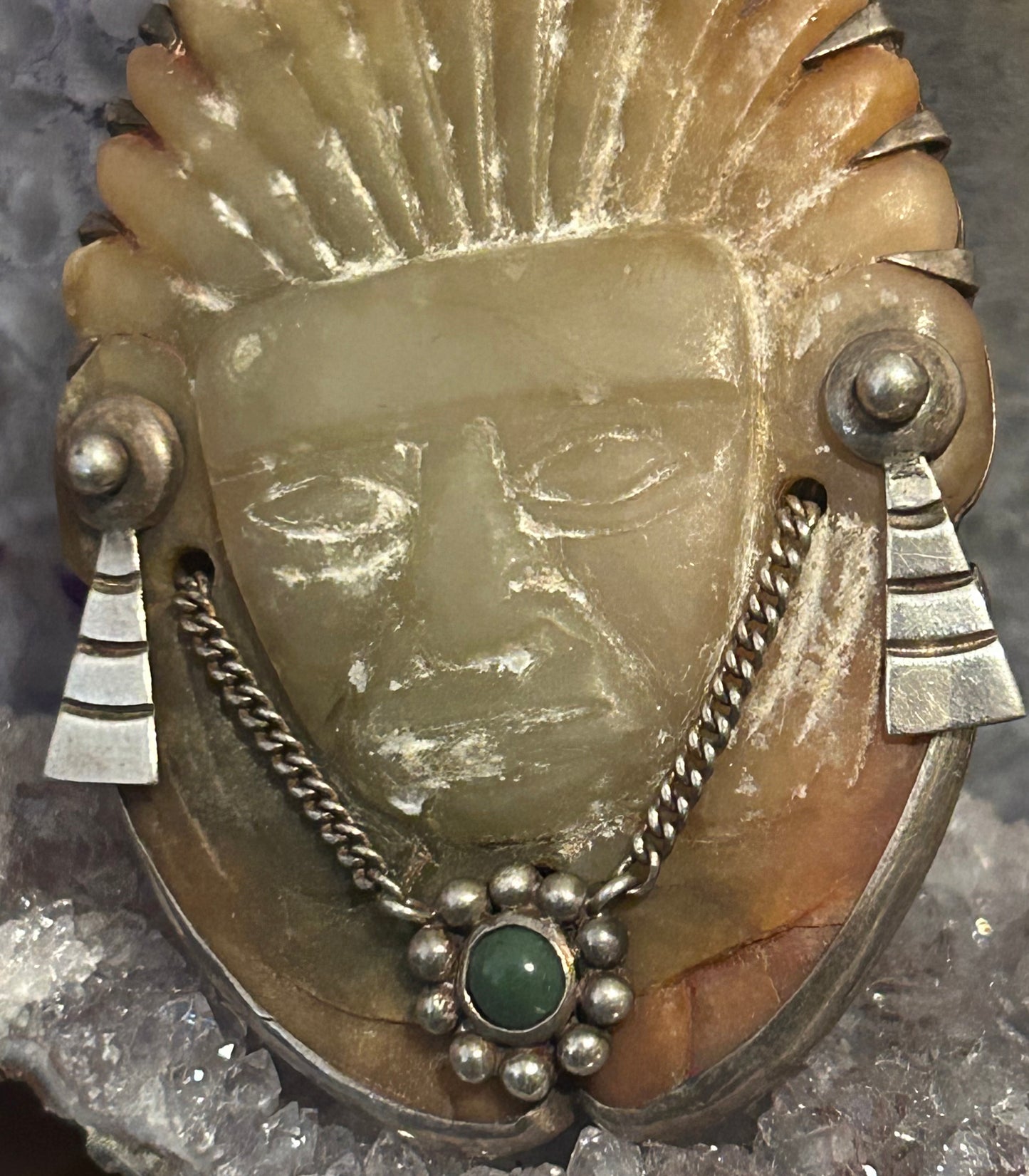 Vintage Mexico Sterling Silver & Carved Stone Warrior Mask Brooch / Pin