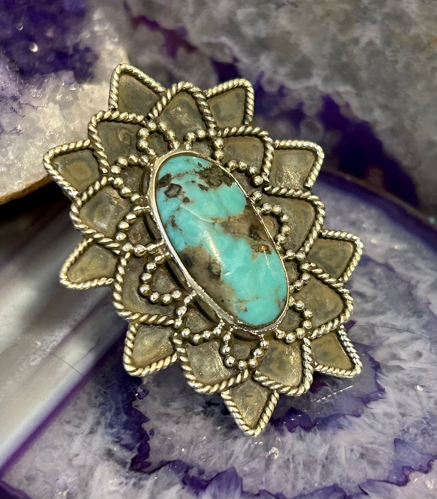 Sterling Silver & Large Natural Turquoise Ring • Size 9