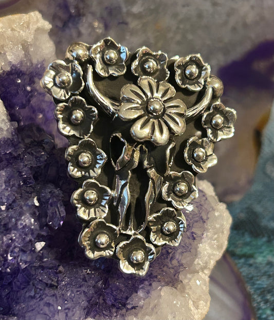 Sterling Silver Taxco Mexico Bull Longhorn Skull Flower Ring Size 7-8.5