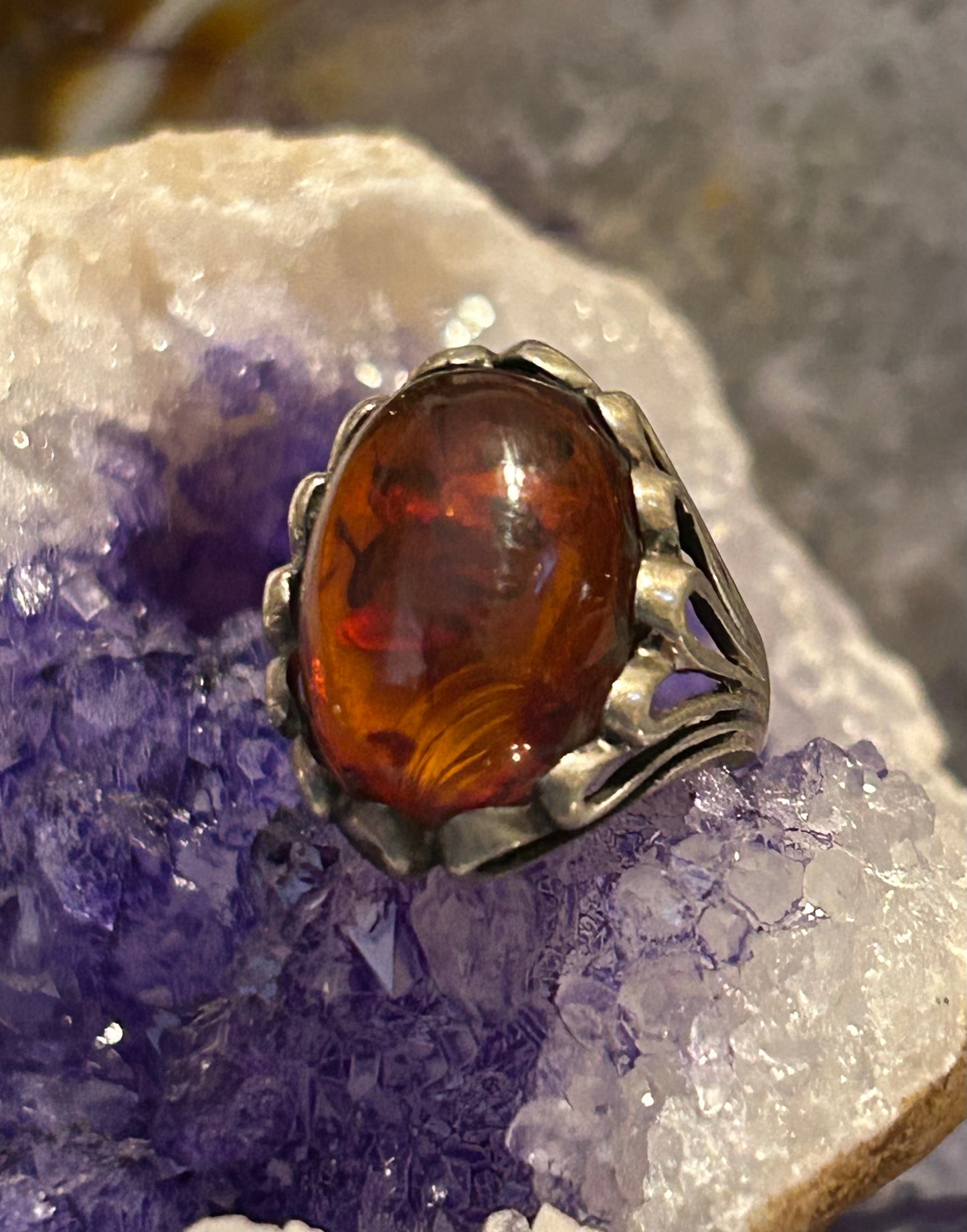 Vintage Sterling Silver Oval Baltic Amber Ring Size 5