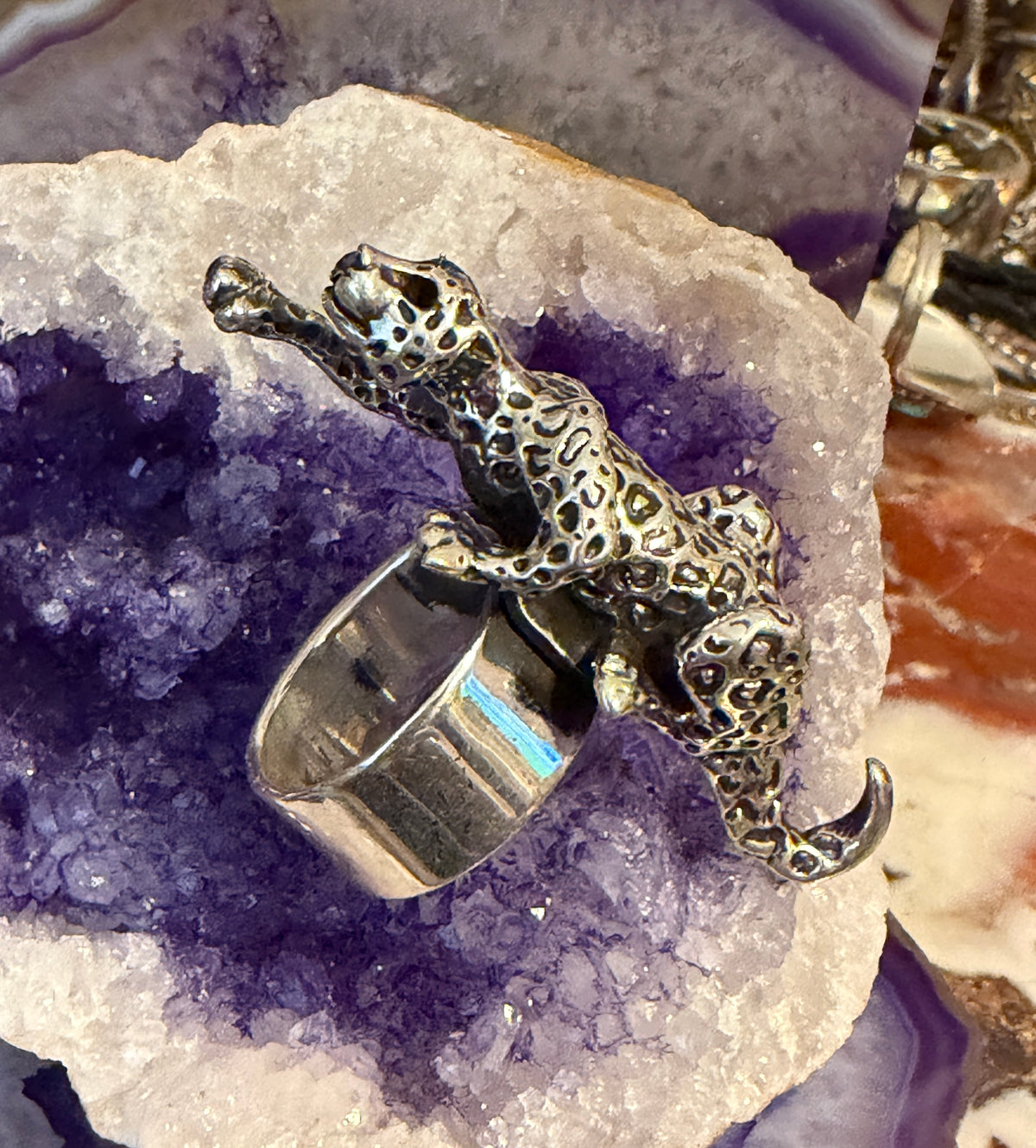Sterling Silver Modern Taxco Mexico Statement Crawling Jaguar/Cheetah Ring