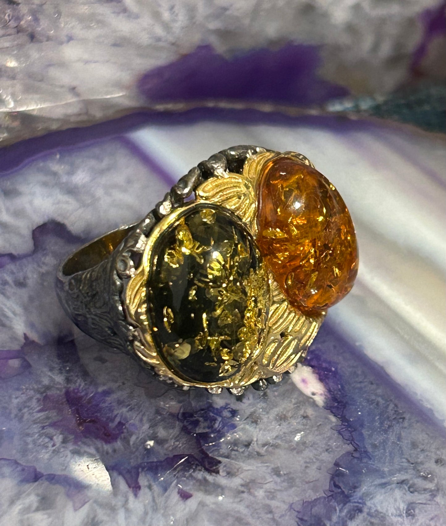 Sterling Silver Baltic Amber Two Stone w/ Gold Over • Size 9