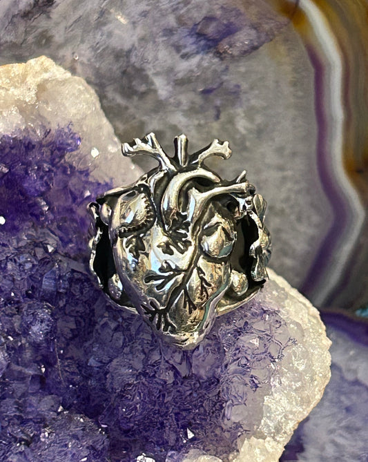 Sterling Silver Taxco Mexico Anatomical Heart & Flowers Ring Size 7-9