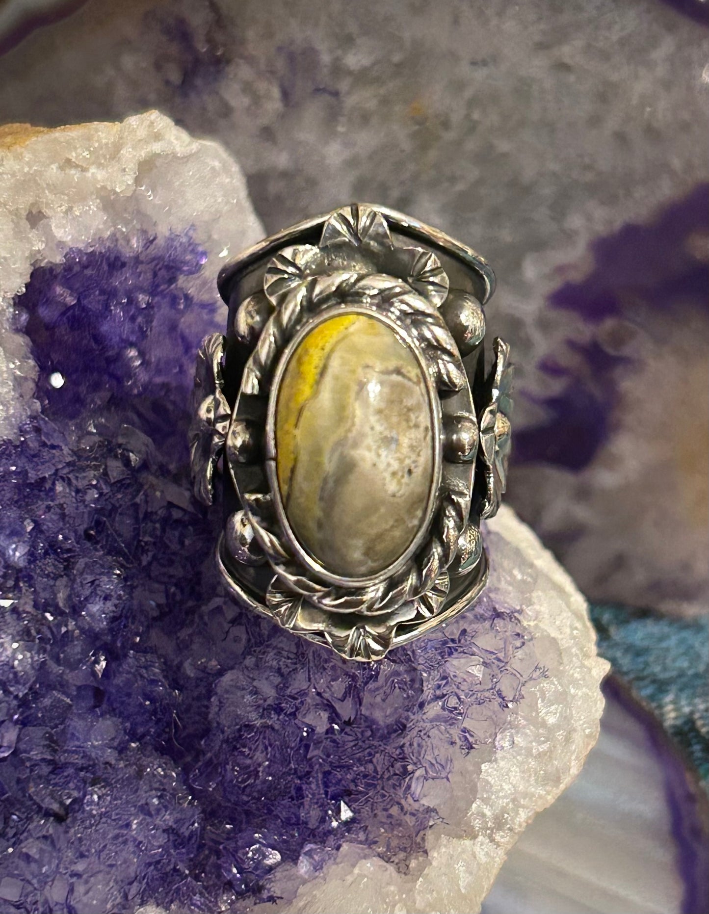 Sterling Silver Taxco Mexico Large Bumblebee Jasper & Flower Wide Ring 6.5-8.5