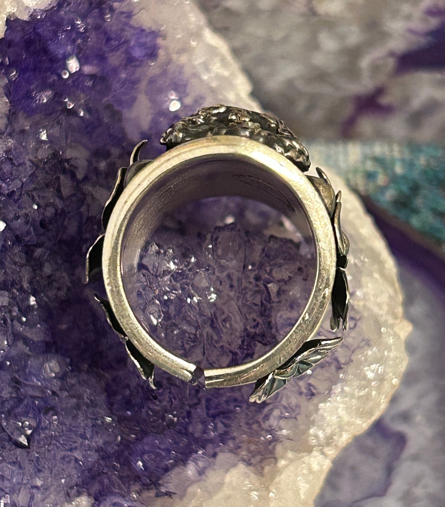 Sterling Silver Taxco Mexico Statement Day Of Dead Skull & Flower Ring Size 7-8
