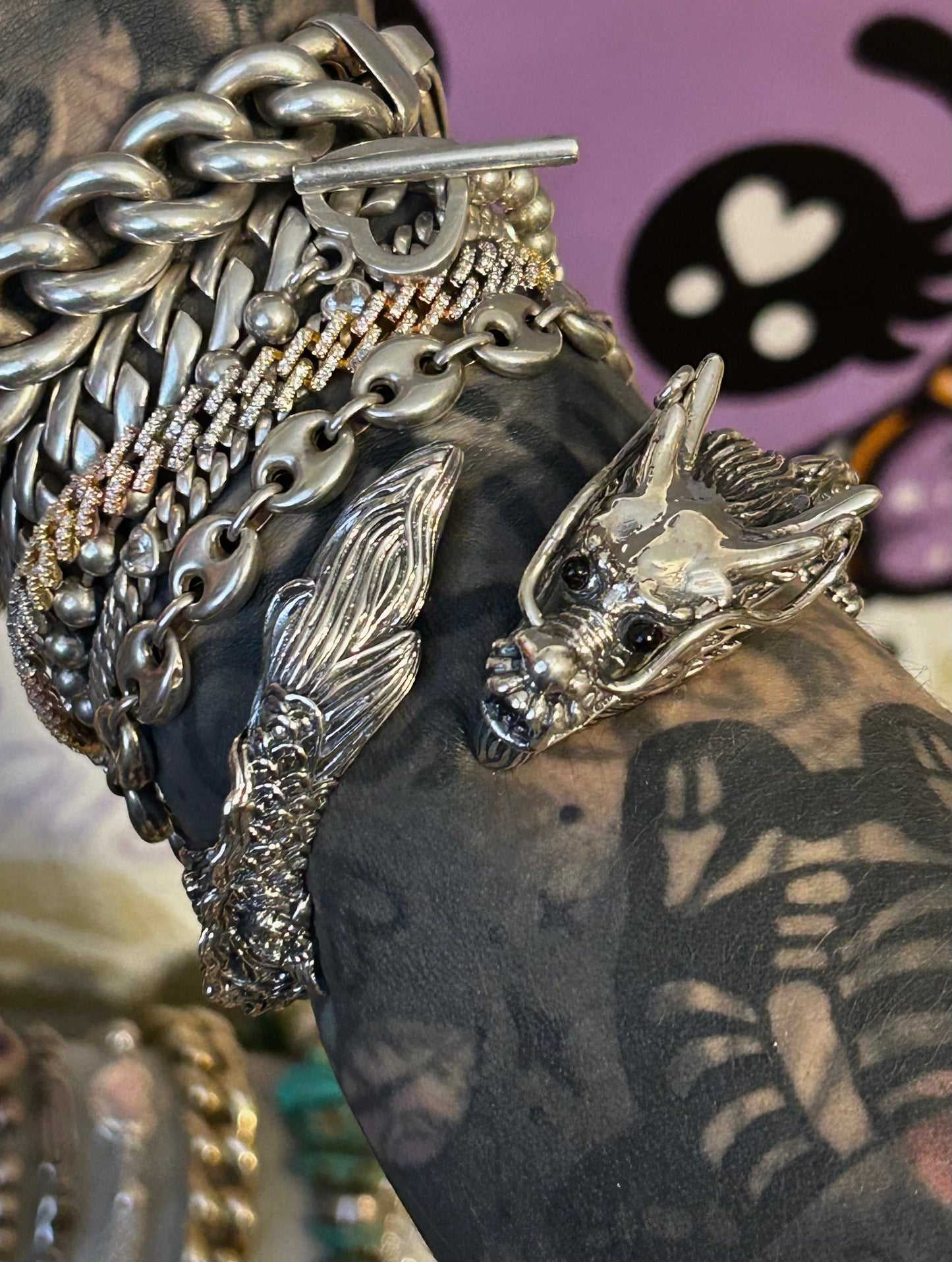Sterling Silver Designer SOMS Statement Dragon Hinge Bracelet