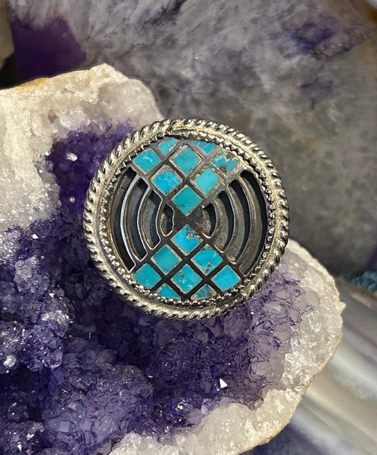 Vintage Sterling Silver Turquoise Inlay Geometric Circle Ring • Size 8.25