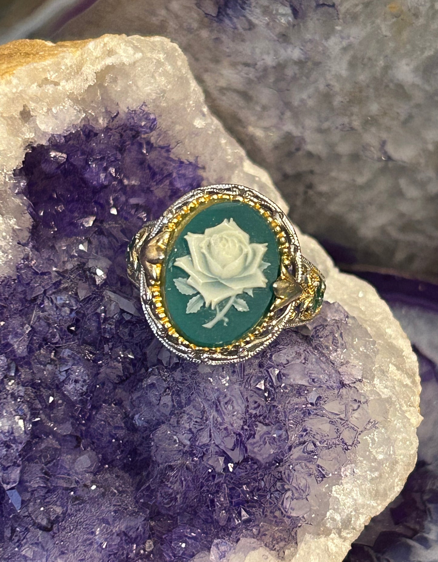 Vintage Sterling Silver Rose Cameo Green Onyx Ring Size 10