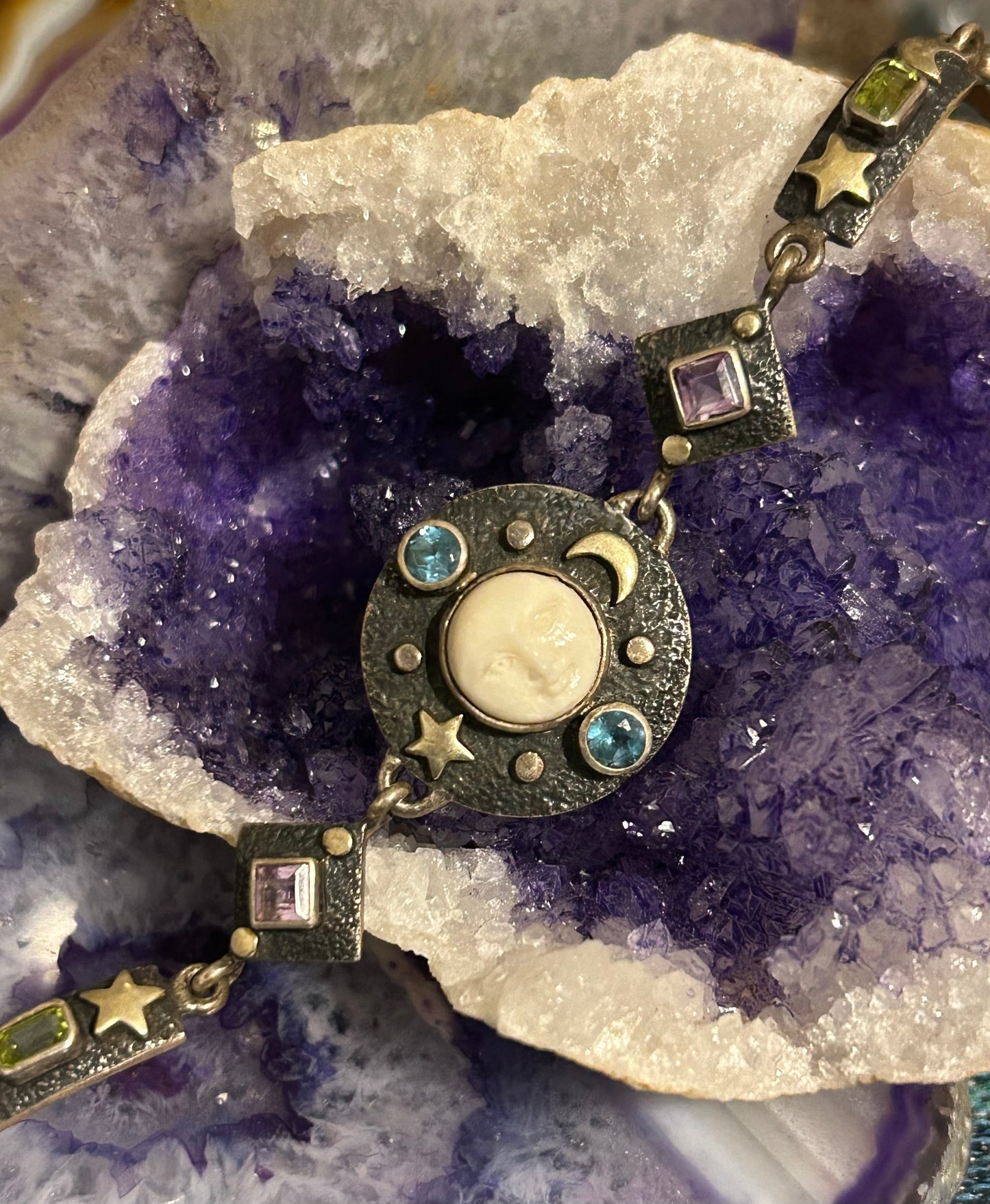 Vintage Sterling Silver 925 Goddess Moon Face Multi Gem Link Bracelet Sz 7.5