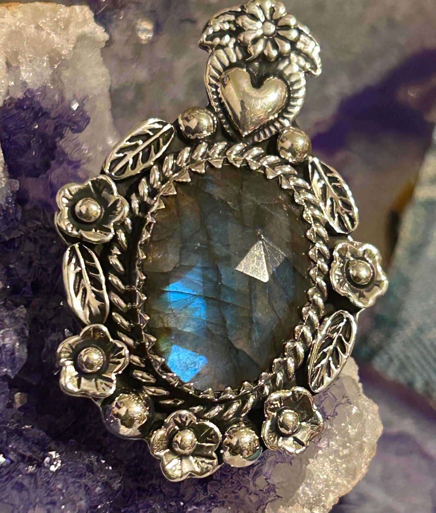 Sterling Silver Taxco Mexico Large Labradorite Flowers & Heart Statement Ring Adjustable