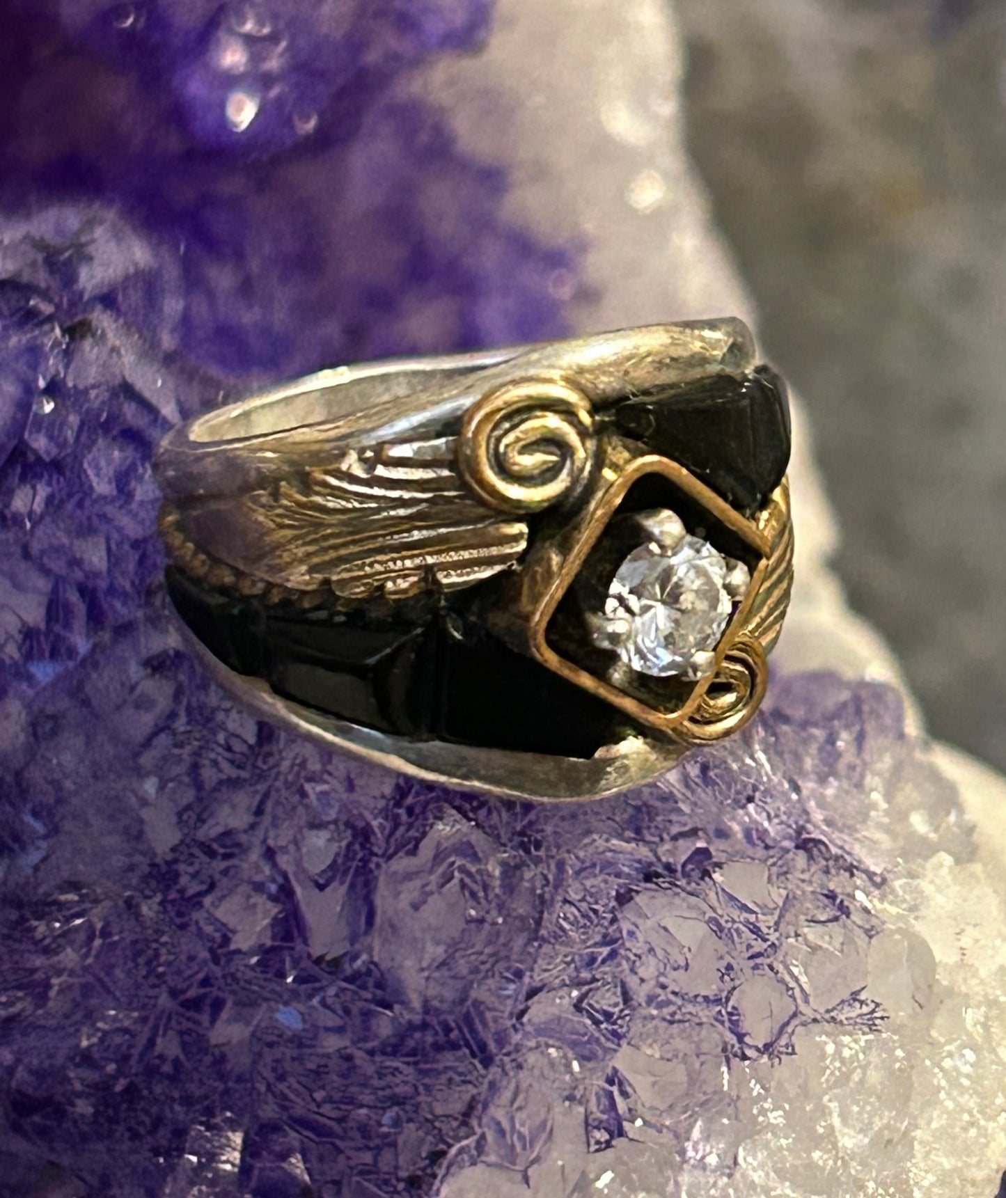 Sterling Silver S Ray Navajo Black Onyx & CZ Ring Size 4.25