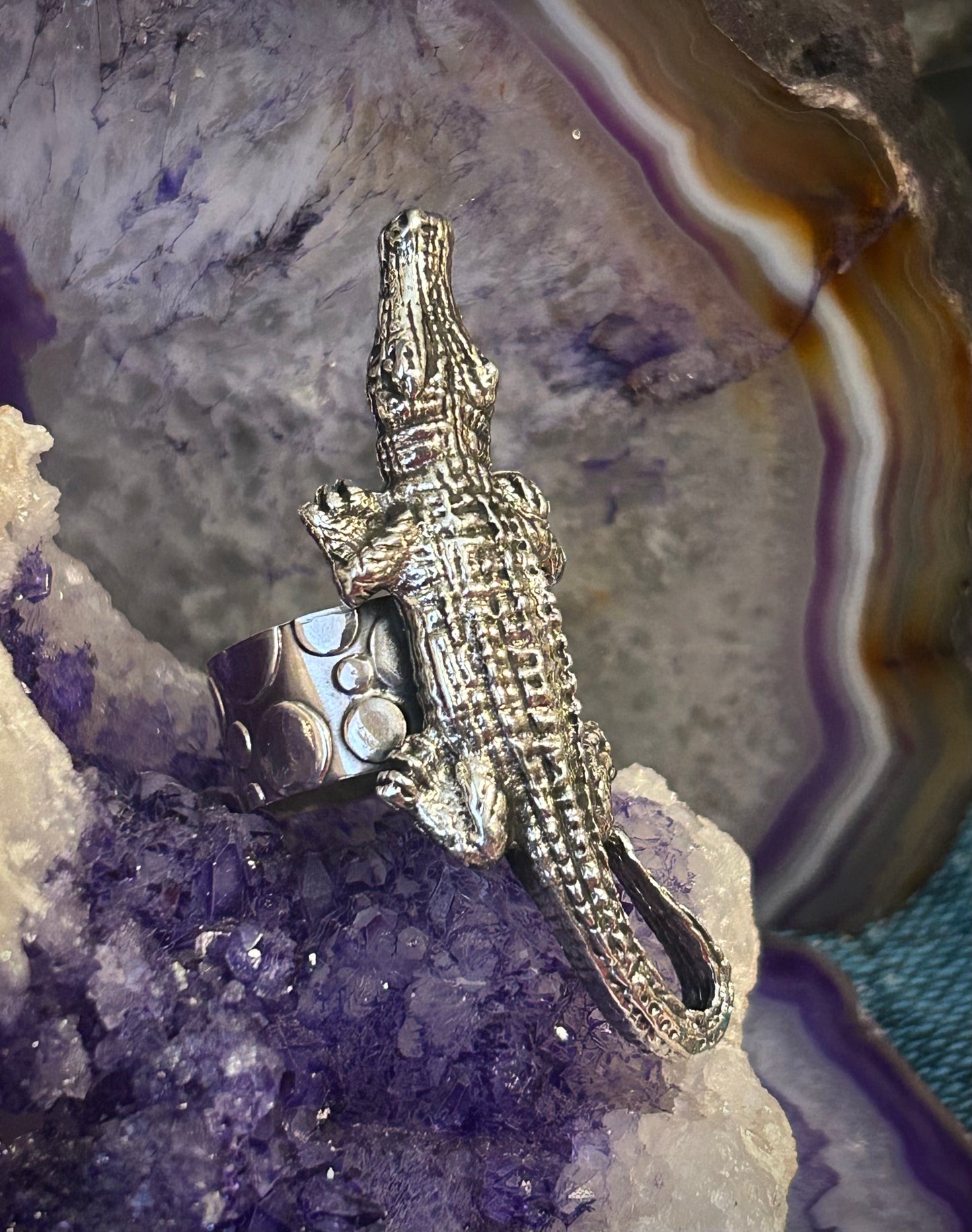 Sterling Silver Taxco Mexico Large Alligator Crocodile Ring Adjustable