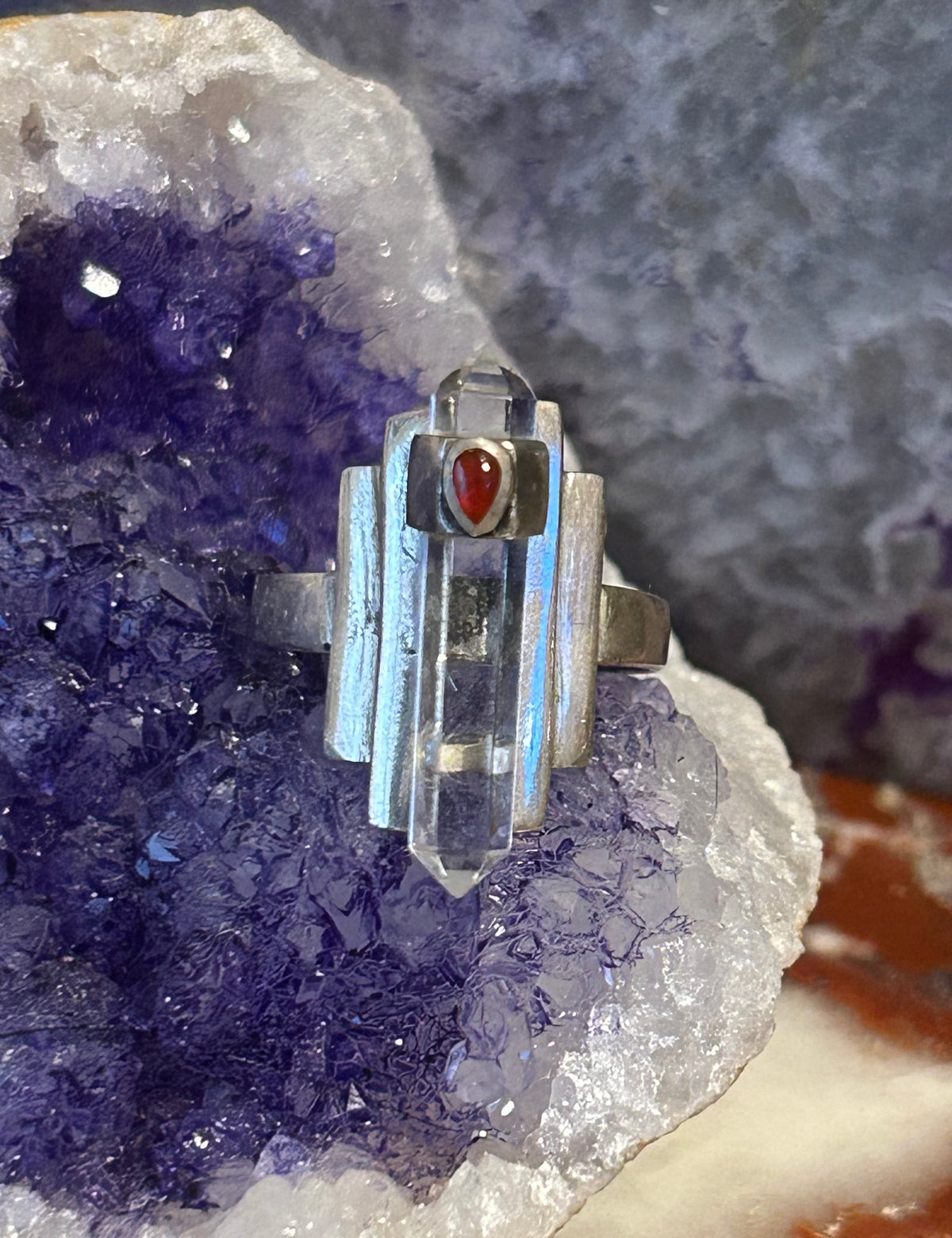 Vintage Estate Sterling Silver Crystal Point & Red Stone Ring Size 9