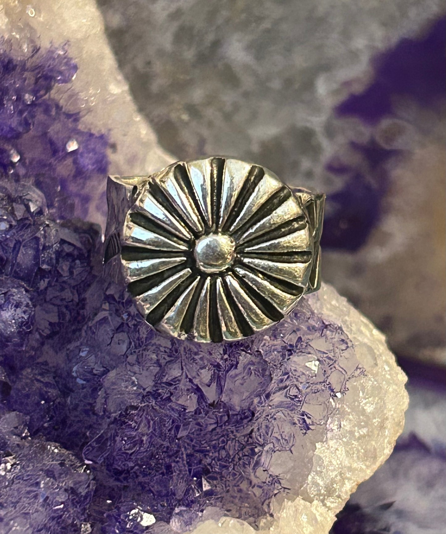 Sterling Silver Modern Taxco Mexico Flower Concho Adjustable Ring