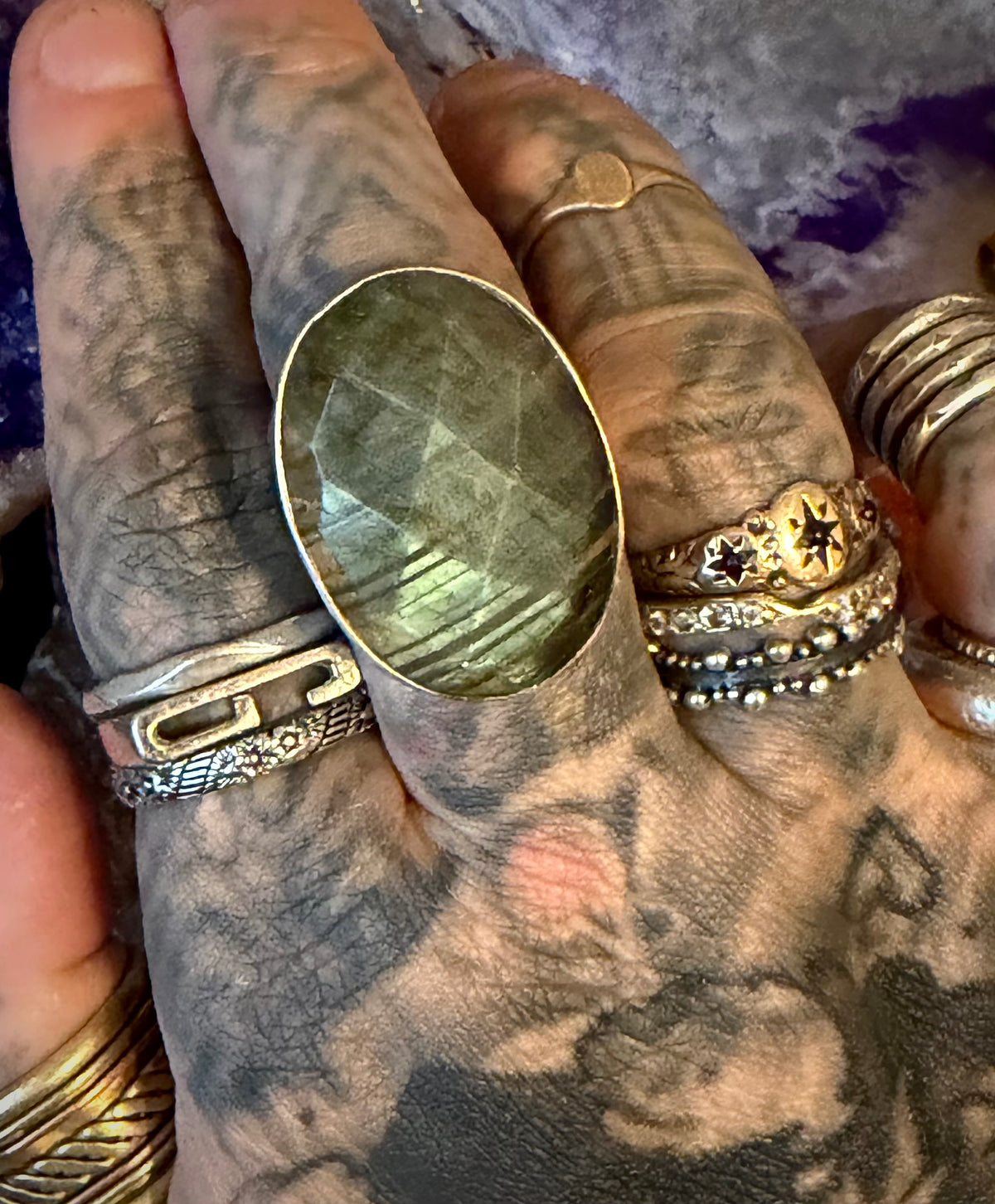 Vintage Sterling Silver Faceted Labradorite Chunky Statement Ring Adjustable