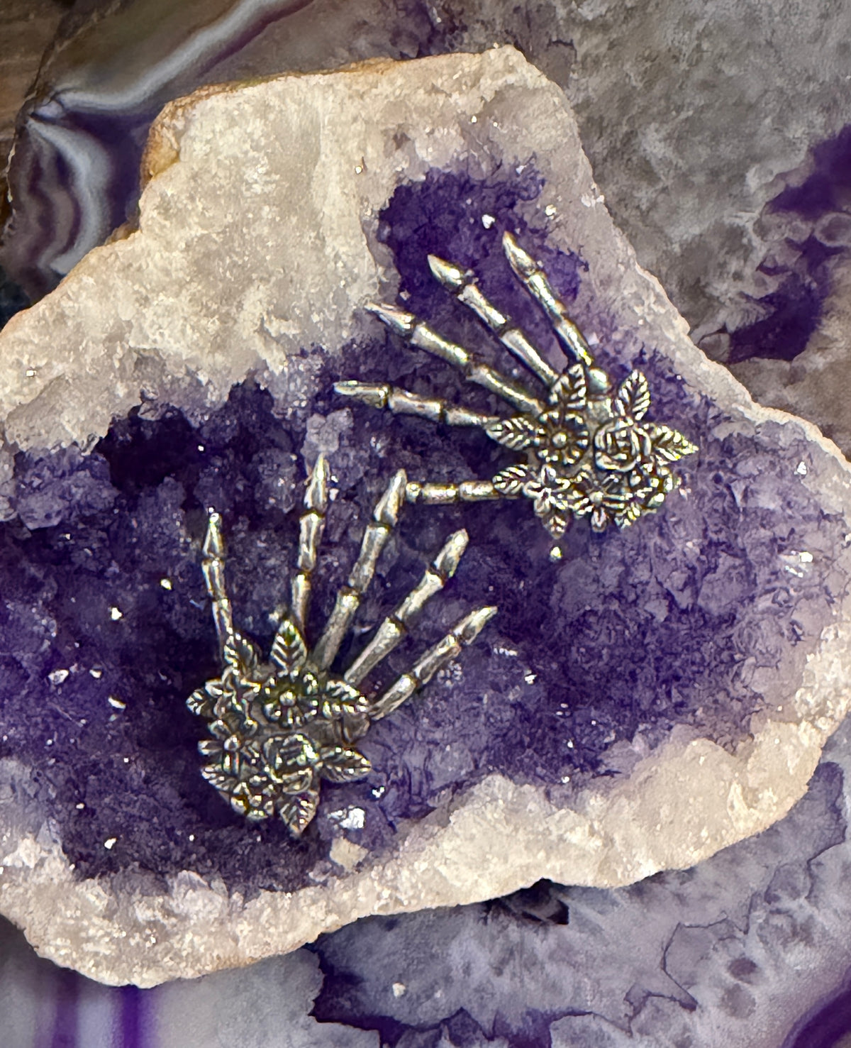 Sterling Silver Modern Taxco Mexico Skeleton Hand w/ Flowers Earrings Post Back