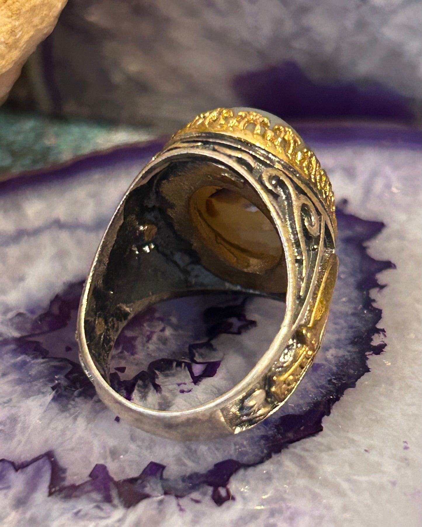 Sterling Silver Chunky Turkish Signet Style Agate w/ Daggers Ring • Size 8
