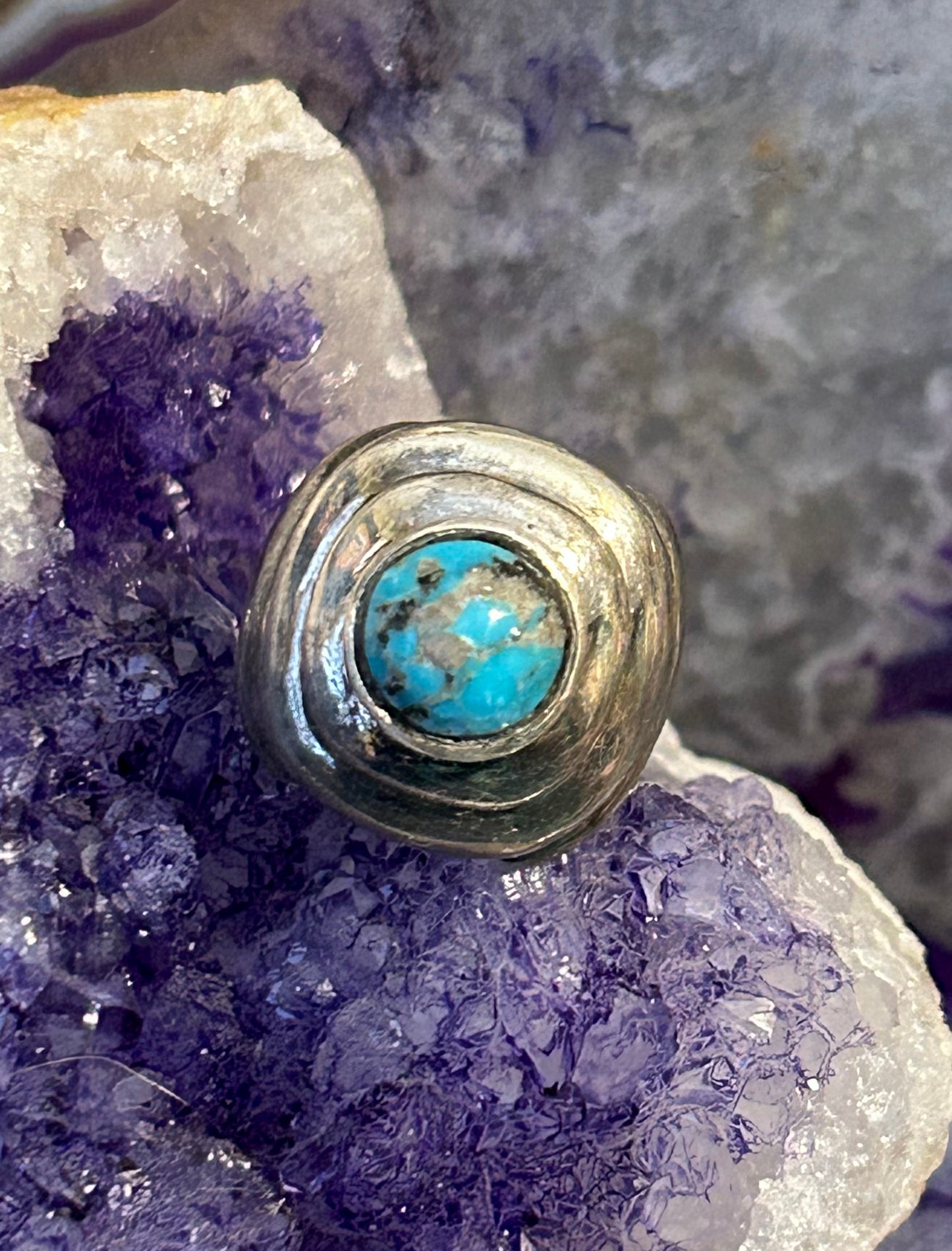 Vintage Sterling Silver Turquoise Modernist Shaped Chunky Ring Size 6.5